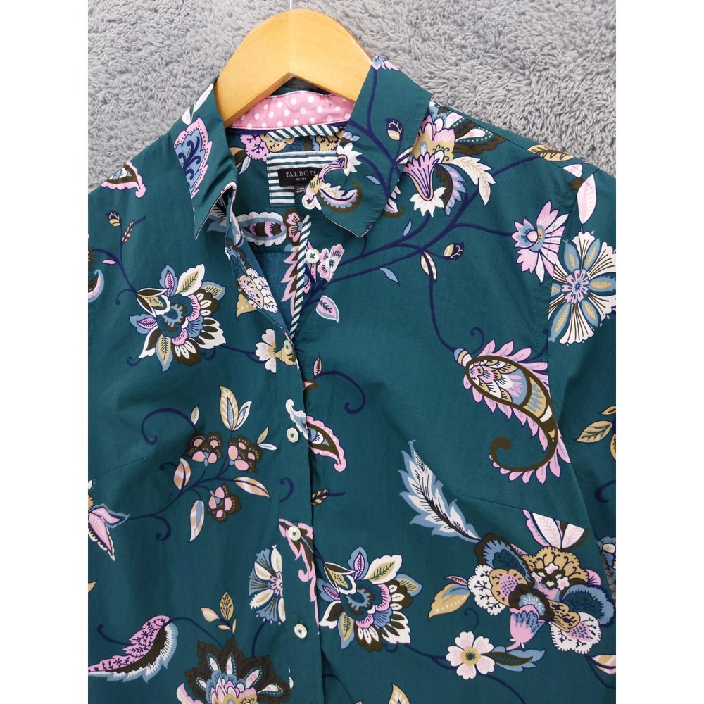 Talbots Petite Teal Floral Print Button Up Shirt Women's Size SP 100% Cotton‎ - Picture 2 of 9